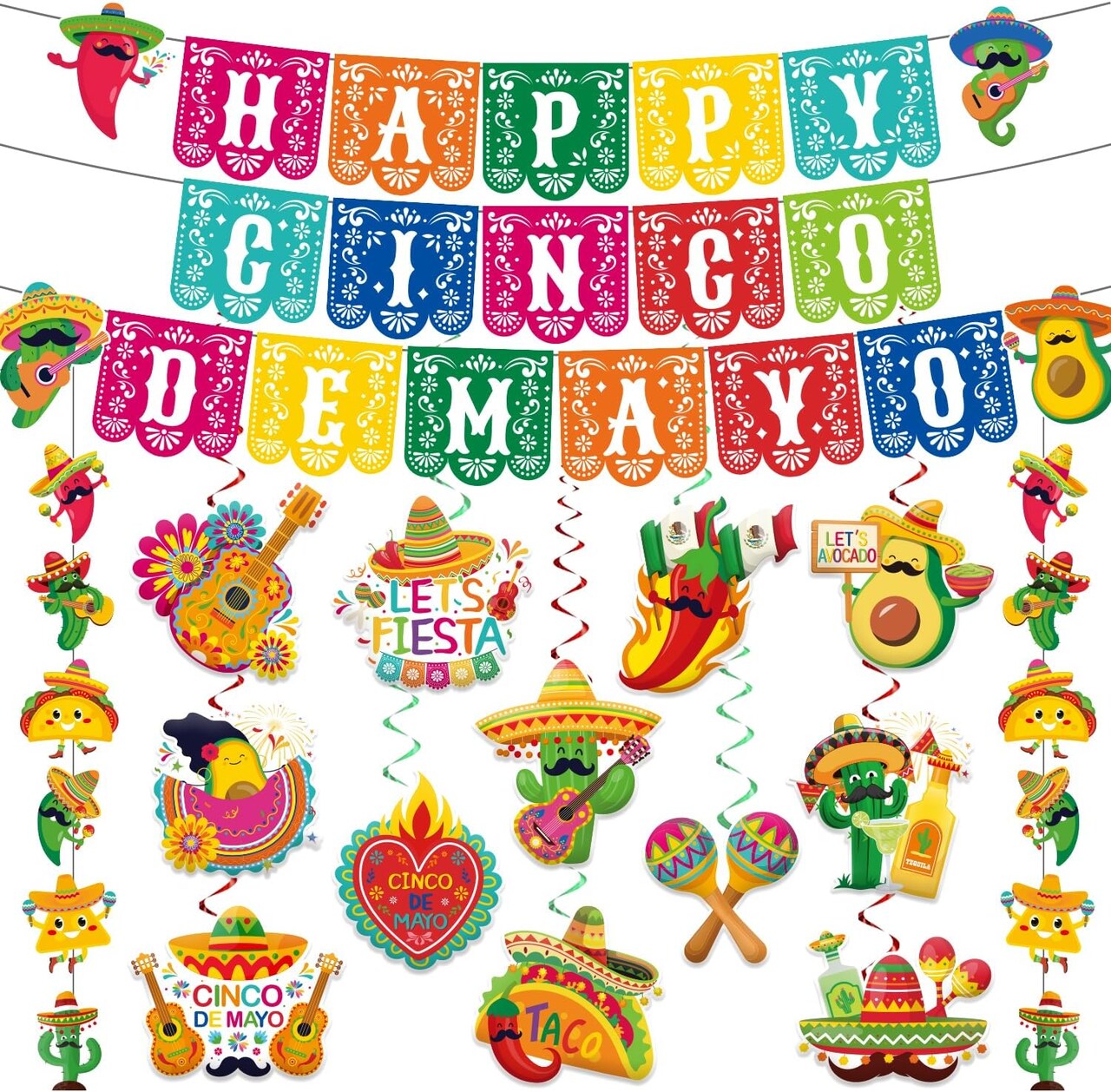 34 PCS Cinco de Mayo Party Decoration Set – Happy Fiesta Banner, Hanging Swirls & Paper Cutouts – Mexican Taco Theme Party Hanging Decorations for Cinco de Mayo, Fiesta & Birthday Celebrations – Perfect for Mother's Day Card Making Displays